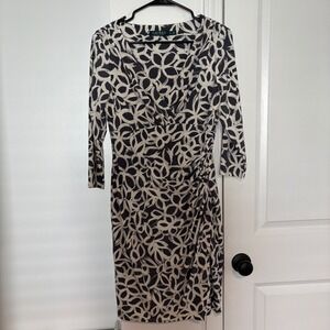 Lauren Ralph Lauren Dress Women's 10P‎ Petite Black Beige Floral 3/4 Sleeve